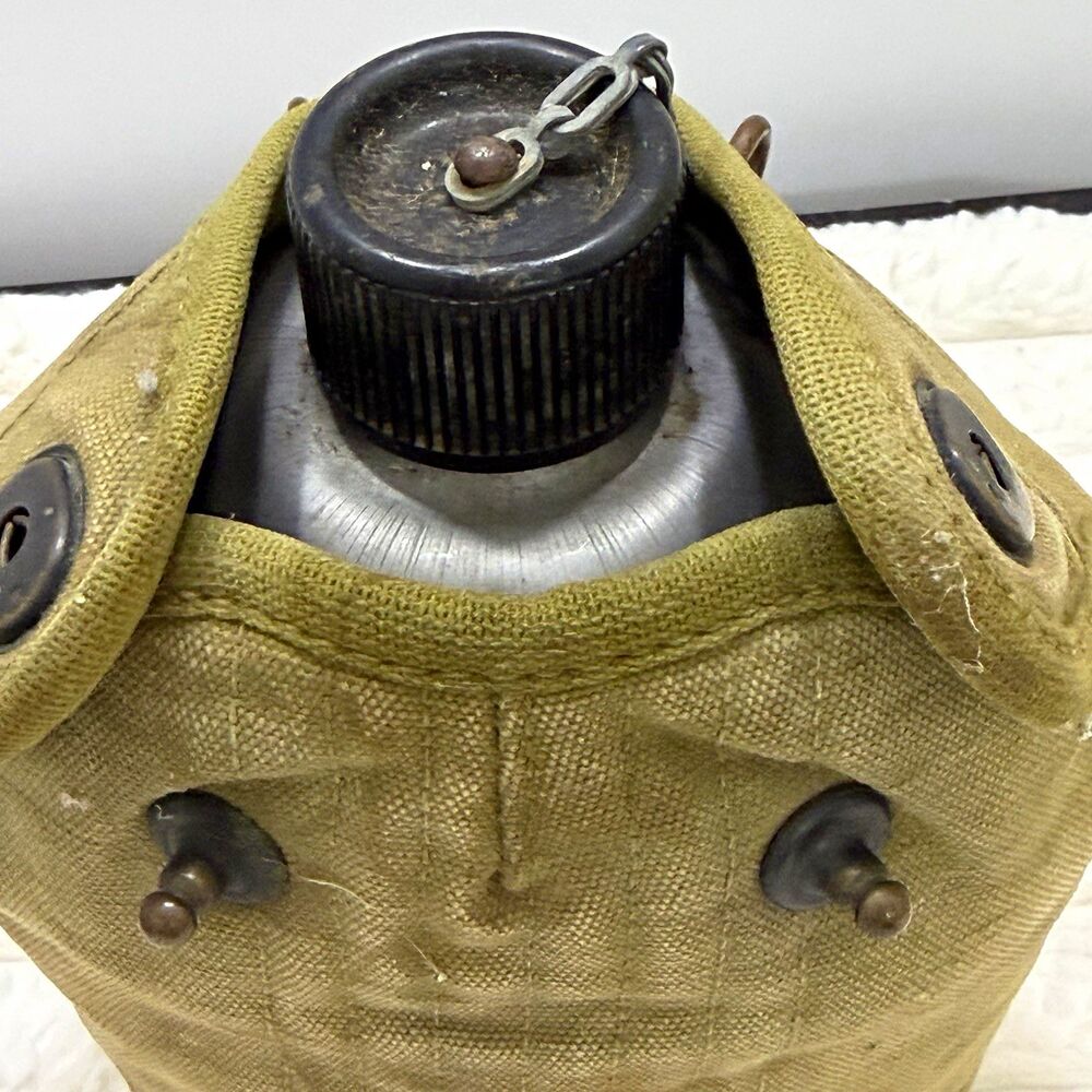 WWII US Military Aluminum Canteen Black Bakelite Cap Khaki Canvas Cover Vintage